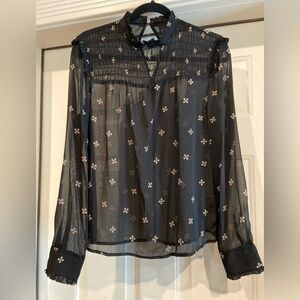 Who What Wear~Black Sheer~Delicate Design~Shirred Bodice~Peasant Blouse~Size M